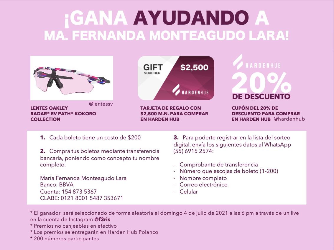 A Fernanda, compañera ciclista, la atropelló una señora que conducía en estado de ebriedad (Félix Cuevas y Capuchinas). Le causó fractura de pelvis, microfracturas en espalda y tobillo. Actualmente está hpspitalizada. Para ayudarle con sus gastos se organiza  esta rifa. 
Apoyemos