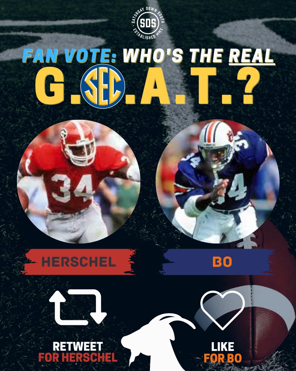SECfootball's tweet image. Let’s settle this once and for all….

Who’s the G.O.A.T.: Herschel or Bo?⁣ 
⁣
RT for Herschel. Like for Bo.
#UGA #GoDawgs #WDE #TBT