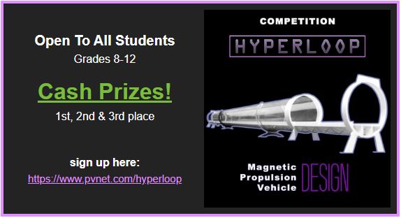 Now is your time to shine! This cash prize competition will let contestants participate to design and build a miniature magnetic vehicle prototype. 
Sign up today at pvnet.com/hyperloop
#Hyperloop #Competition #STEM #PVNet #RHE #HyperloopCompetition #STEMeducation #school #PV