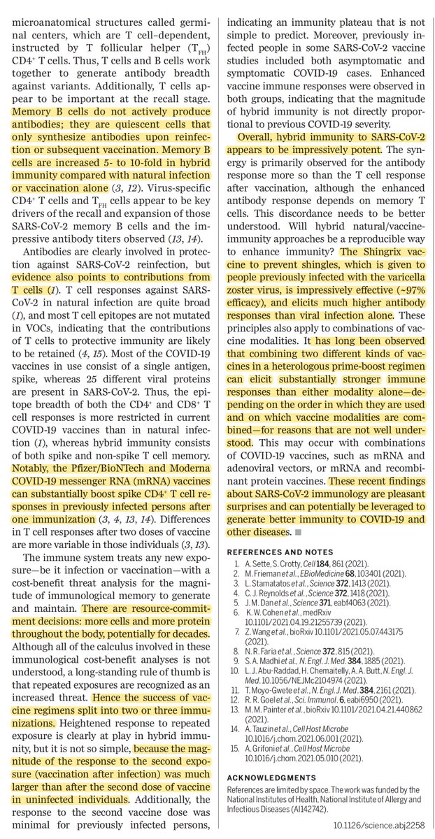 Eric Topol (@erictopol) on Twitter photo Hybrid immunity
Why does 1-dose vaccination add immune protection for people w/ prior covid? Like 25-100X higher antibody response, along w/ B & T cell response
<a href="/profshanecrotty/">Prof. Shane Crotty</a> explains in today's <a href="/ScienceMagazine/">Science Magazine</a>
science.sciencemag.org/content/372/65…
also plays a role in mix-and-match vaxx Hybrid immunity
Why does 1-dose vaccination add immune protection for people w/ prior covid? Like 25-100X higher antibody response, along w/ B & T cell response
<a href="/profshanecrotty/">Prof. Shane Crotty</a> explains in today's <a href="/ScienceMagazine/">Science Magazine</a>
science.sciencemag.org/content/372/65…
also plays a role in mix-and-match vaxx