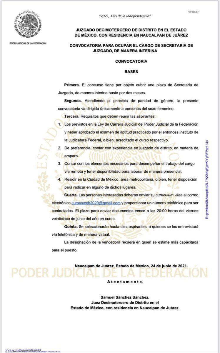 samschz's tweet photo. Convocatoria para ocupar de manera interina una plaza de secretaria de juzgado.
Atendiendo al principio de paridad de género, se convoca solo a abogadas que reúnan los requisitos.
#ColegasPJF @EFFJ_Mx https://t.co/dcePsZakQG