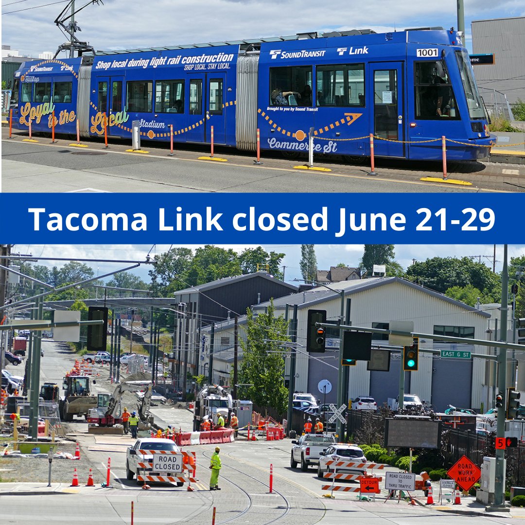 DowntownOntheGo's tweet photo. Please remember that the Tacoma Link is closed until June 29 while crews install cutover track on E. 25th St. During this time, @SoundTransit will provide free shuttle bus service to all the Tacoma Link stations. #downtowntacoma #ride253 https://t.co/sO6V29hQs6