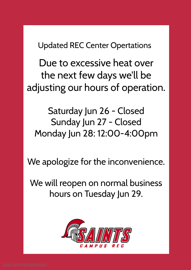 If you aren't aware, we're expecting a heat wave this weekend that will push our area into the lo 100's. While we do our best to keep you cool, the REC is not equipped with AC. As a result we'll be adjusting our hours from Jun 26-28. We'll resume our normal operations  Jun 29.