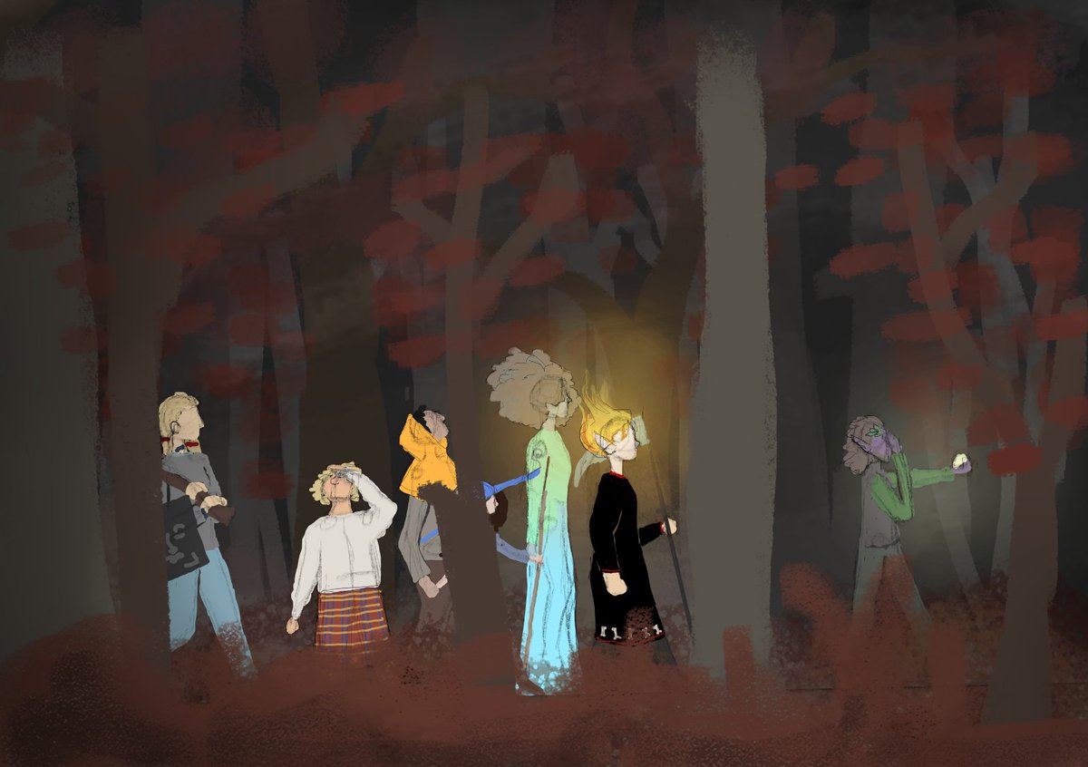 darktowerdnd's tweet photo. This little doodle and description was made by mistyfeathers:

[In order from left to right] Jorra, Osmi, Tamburlaine, Saska, Samira, Imora, and Nail are all easily the brightest and most colourful things around in this plane of (...) https://t.co/kVIjM2NSnh