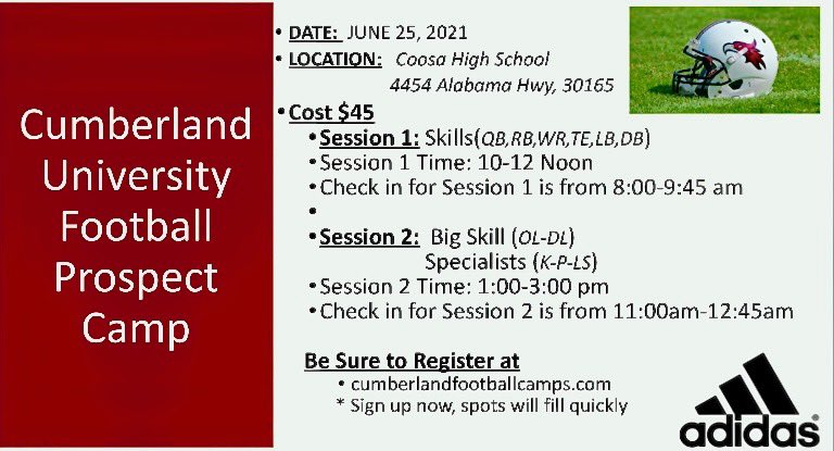 Last call for Cumberland Prospect camp. Register online or You can register at the camp. Looking forward to a great day on the Campus of CHS.