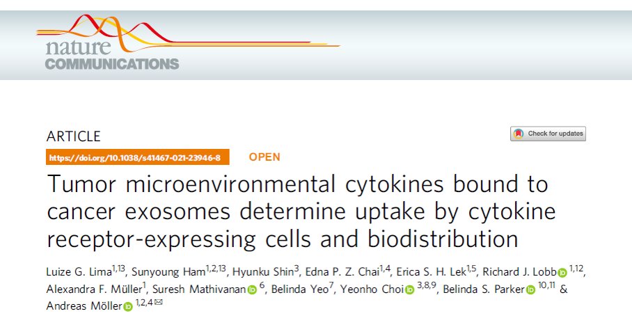 #Publication | Our latest publication in <a href="/NatureComms/">Nature Communications</a>  demonstrates that tumour microenvironmental cytokines bind to cancer exosomes via proteoglycans, leading to uptake by specific cell lineages &amp; organs; with consequent increase in metastatic burden.
nature.com/articles/s4146…