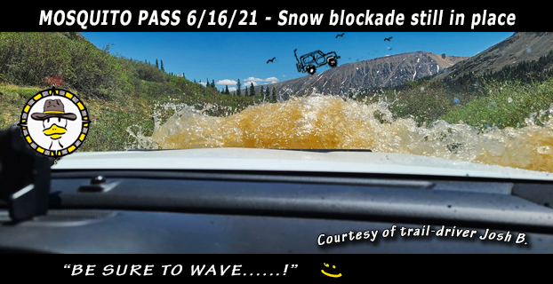 Bushducks's tweet image. MOSQUITO PASS: Remains Closed above North London Mine. 🙂
Trail status Update June 16, 2021 Courtesy of deep-creek crossing Josh B.
"Mosquito Pass Road photo (well before the snow blockage).  Water is 27 inches deep as of  06/16/2021."
bushducks.com/tripreps/passo…