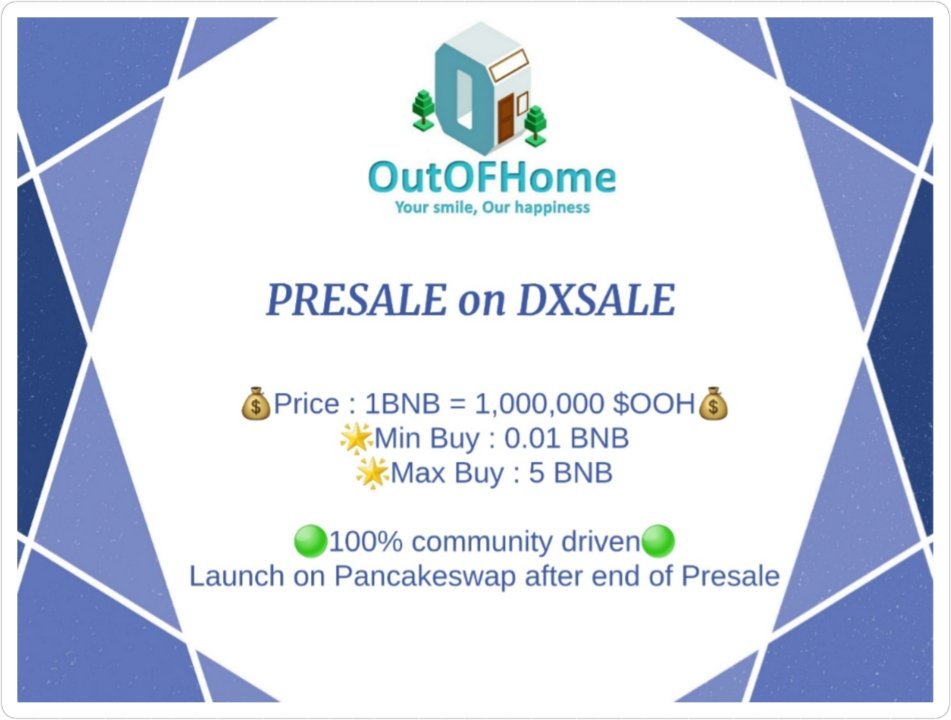OutOFHomeToken's tweet photo. 📣Our presale will end very soon📣

Don't miss this opportunity to buy OOH at a low price🎁

#OutOFHomeishope
#OutOFHometoken
#outofhome
#cryptotrading
#cryptotwitter
#Bitcoin
#dxsale
#PancakeSwap https://t.co/9BAncNU5dn