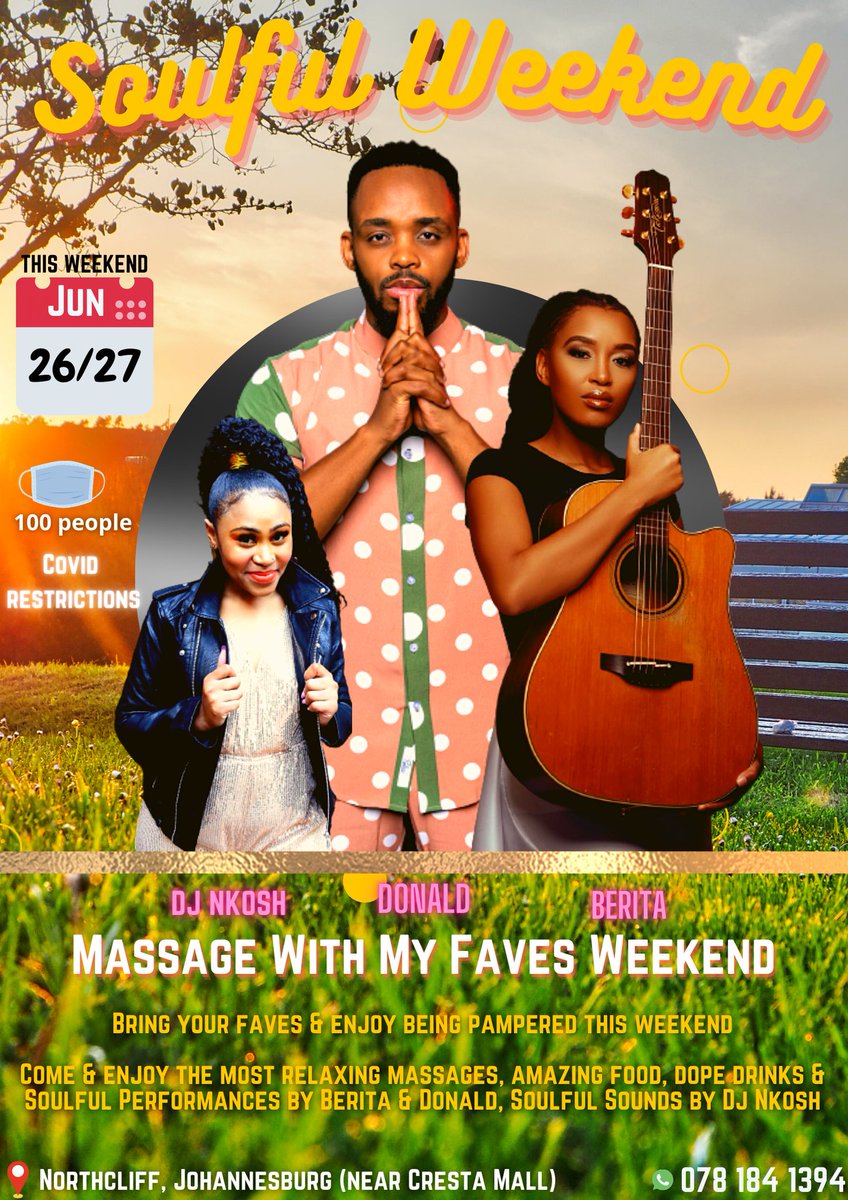 MsCaliper's tweet photo. Get Pampered while you enjoy some good soulful music, And enjoy all the entertainment sipping on some good refreshments. Join us this coming weekend, i wouldn't miss it if i was you.๐ฅ๐๐ฅ
#SoulfullWeekend https://t.co/ggcxGzeVfr
