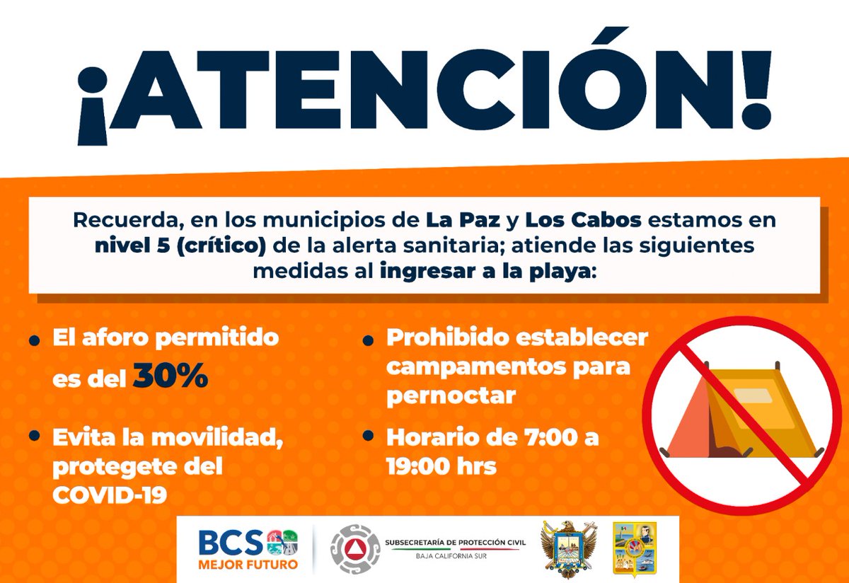 BcsProcivil's tweet photo. Atención #LaPaz y #LosCabos nos encontramos en NIVEL 5 de la alerta sanitaria (crítico) por lo que se establecieron medidas preventivas para mitigar la propagación del COVID-19 es necesario ser empáticos, vamos a cuidarnos tod@s #QuedateenCasa @cmendozadavis @HXVIAyto_LaPaz @ https://t.co/36yhVcJ3tg