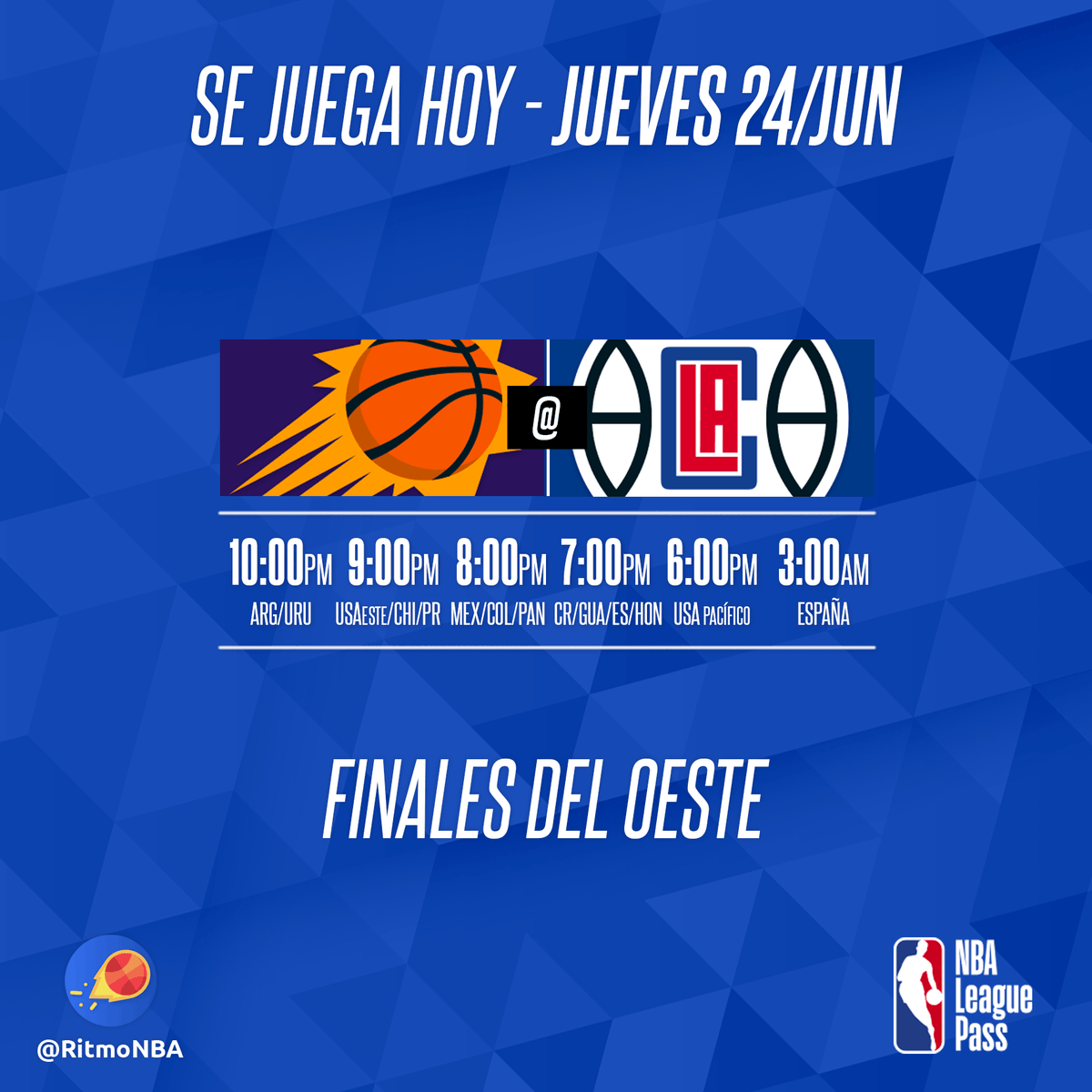 RitmoNba's tweet photo. 🏀 El tercero de #FinalesOeste 🏀
Recuerda que que puedes ver todos los partidos con narración y análisis en español por #NBALeaguePass.
📝Suscríbete: https://t.co/64ukAiNAoc
📲Descarga la app: https://t.co/TQjvJTMnvP
#nbaespanol #nbaplayoffs #ritmonba #partidosnba #juegosnba https://t.co/ajSFDWLrMC