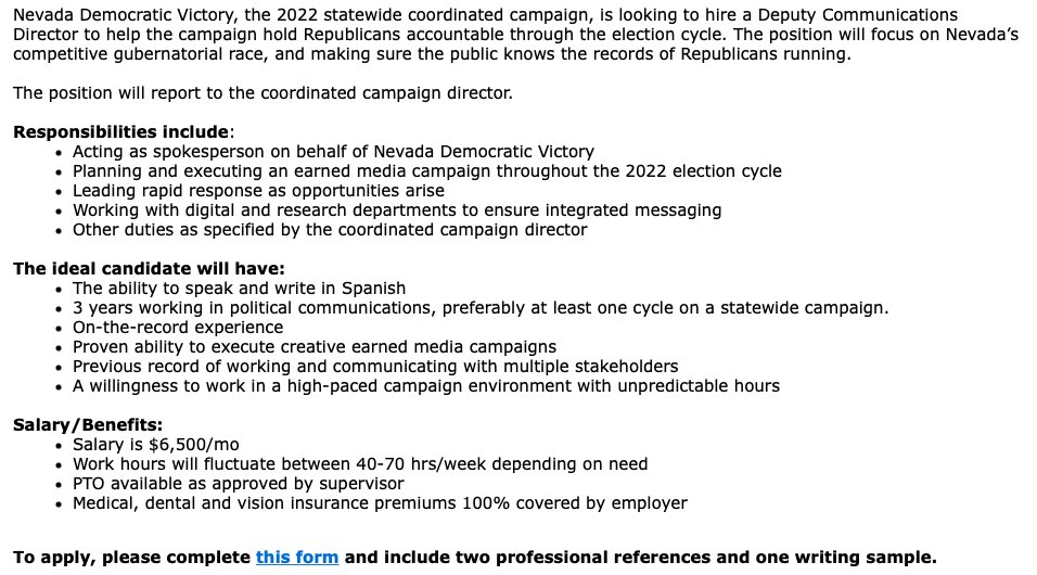 BethanyKhan's tweet photo. JOB POSTING: The Nevada Democratic Victory, the 2022 statewide coordinated campaign, is looking to hire a Deputy Communications Director to help the campaign hold Republicans accountable through the election cycle.

APPLY: 
https://t.co/EE9CBPH3SE https://t.co/1z16tce0Zd