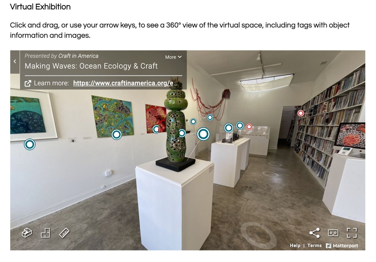 Can’t make it to the Craft in America Center? Take a virtual stroll through our exhibition Making Waves: Ocean Ecology &amp; Craft with our 3D tour.  Explore 360º views of the space, and click on tags to watch videos, and to learn the artworks: craftinamerica.org/exhibition/mak…