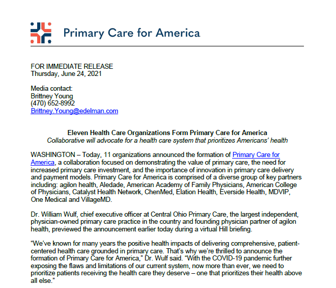 The @AAFP is excited to work with our partners to #changetheconversation and create a health care system that prioritizes health and comprehensive and continuous primary care.  <a href="/PC4America/">Primary Care for America</a>