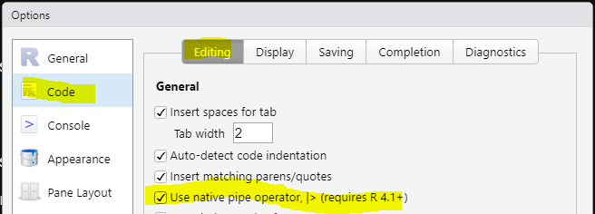 nspyrison's tweet photo. For others that want to use the R native pipe from hotkey:
1) Update R &amp; RStudio
2) Set Global Code Option
3) ???
4) Profit? https://t.co/H1OZl47Wba