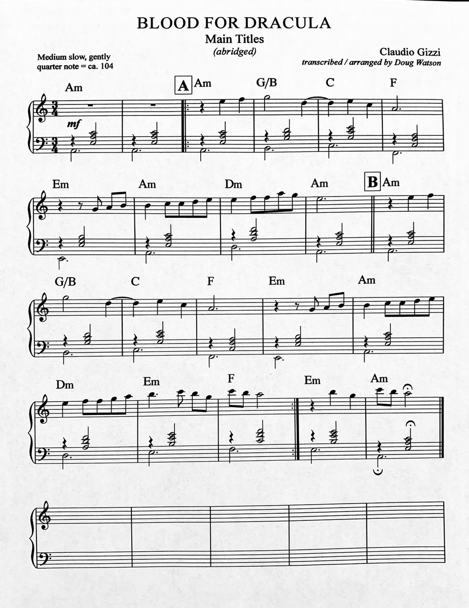 DougWatson's tweet photo. Stoked for the @SeverinFilms Mid Year Sale 2021. Especially looking forward to their exclusive release of ‘Blood For Dracula”. To get you in the mood here’s my transcription of the main theme (abridged) . . . https://t.co/IsOfvVifos