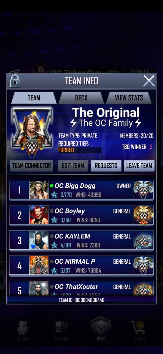 We're looking for 3 top tier players Requirements: - TBG: MAX - TRTG: 250 - TRD: 10 - DISCORD USER DM: @UndertakerGuySC #WWESuperCard