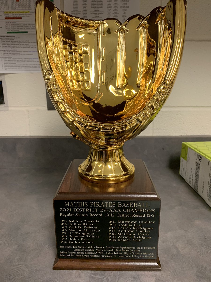 CoachEMartinez's tweet photo. Very proud of Mathis Pirate Baseball! 3rd share of the district championship in school history and first since 2007! The foundation has been set! Now it’s football time but can’t wait for 2022 baseball season!!! #Believe #MPBaseball @MathisAthletics @Coach_DS3 https://t.co/LYP2jjmMRN