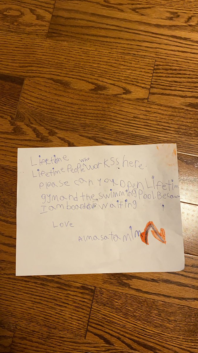aseeltamim2's tweet photo. @lifetimefitness my little sister Almasa Tamim wrote a letter to you. It says lifetime people who work here please can you open lifetime gym and the swimming pool because I am bored of waiting. Love, Almasa Tamim https://t.co/T4DVZkAonx