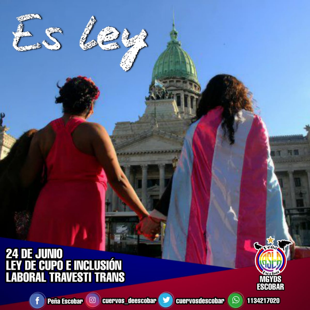 CuervosdEscobar's tweet photo. Con 55 votos a favor, 1 en contra y 1 abstención, en el senado del congreso de la Nación quedó aprobada la LEY DE CUPO E INCLUSIÓN LABORAL TRAVESTI TRANS "Diana Sacayán-Lohana Berkins" https://t.co/D9EKeBO35a