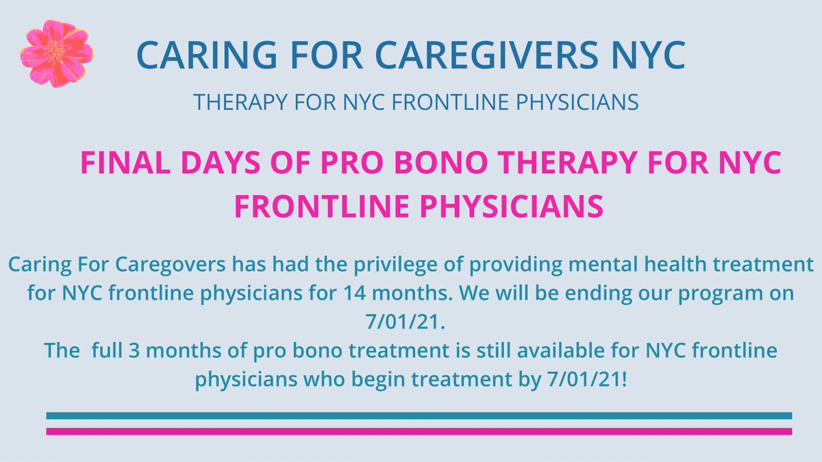 Caring For Caregivers has had the privilege of providing mental health treatment for NYC frontline physicians for 14 months. 
We will provide full treatment for those who begin by 7/01/21! #MedTwitter #covid ⁦<a href="/drbreenheroes/">Dr. Lorna Breen Heroes' Foundation</a>⁩ ⁦<a href="/drjessigold/">Jessi Gold MD MS</a>⁩ ⁦⁦<a href="/ERGoddessMD/">Sandy Simons MD</a>⁩