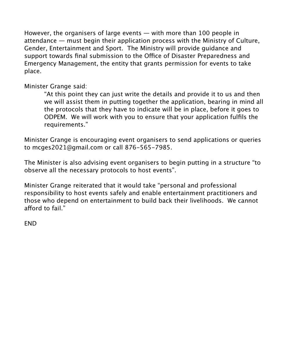 Grange urges strict compliance with protocols ahead of re-opening of entertainment sector