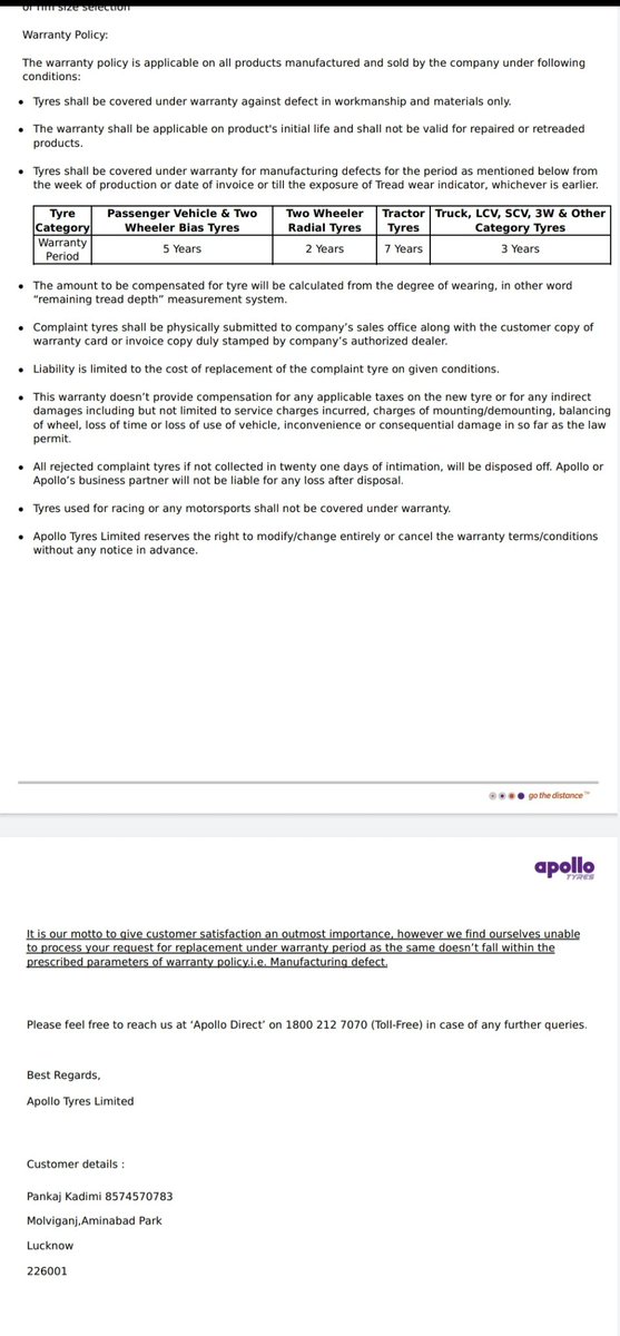 pankaj_kadimi's tweet photo. @apollotyres My tyre has taken bubble only @19126 KM running and engineer has rejected claim by only seeing the tyre. I want replacement against this bulge tyre. I am not satisfied. Pls look and resolve the issue at earliest. Tyre image, agency letter and engineer's report. https://t.co/40Qz7l5Y9D