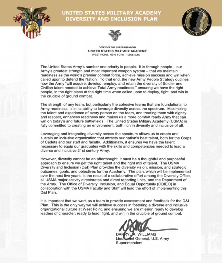ElectionWiz's tweet photo. The military is far beyond the point of “studying” #CRT. They’ve adopted it. 

According to West Point’s long-term plan, they will incorporate CTR into their curriculum and admissions process. https://t.co/QYN8DjQfJD