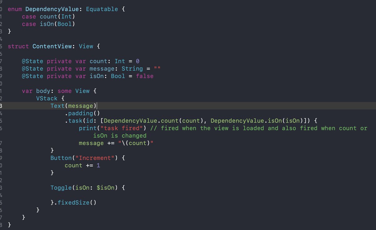iOS 15 includes the task modifier which also takes in dependency. This is similar to useEffect in React, which also takes dependency array. It is crazy to see how many concepts in SwiftUI are taken from React and Flutter. 

#SwiftUI