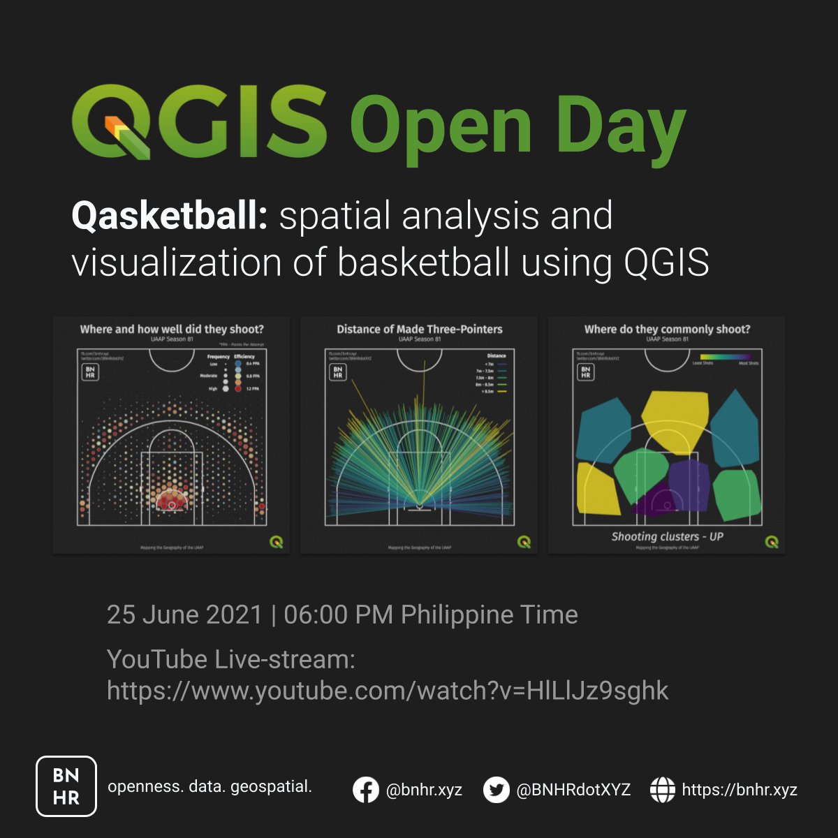 #QGISOpenDay today! Join me as I share about the inevitable fusion of QGIS and basketball: #Qasketball.

The event is free and open for everyone and will be live-streamed on YouTube at 06:00 PM Philippine Time at this link: youtu.be/HlLlJz9sghk

#qgis #foss4g #basketball
