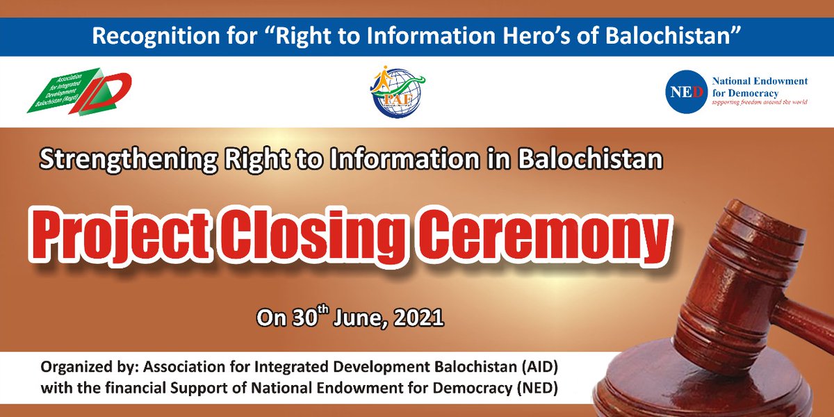 We are going to Conduct our Most Important activity on 30th June 2021, we are acknowledging efforts of Right to Information Activist in Balochistan. 
#RTIChampions 
#RTIBalochistan 
<a href="/ZahoorBuledi/">Zahoor Buledi</a> 
<a href="/Senator_Baloch/">Sana Ullah BALOCH</a> 
<a href="/BehramLehri/">Mir Behram Lehri</a>
<a href="/mirbehramb/">Mir Behram Baloch</a> 
<a href="/AbdulHa06519089/">Advocate Abdul Hayee</a> 
<a href="/karamat20/">M.karamatullah khan</a> 
<a href="/dpr_gob/">Govt. of Balochistan</a>