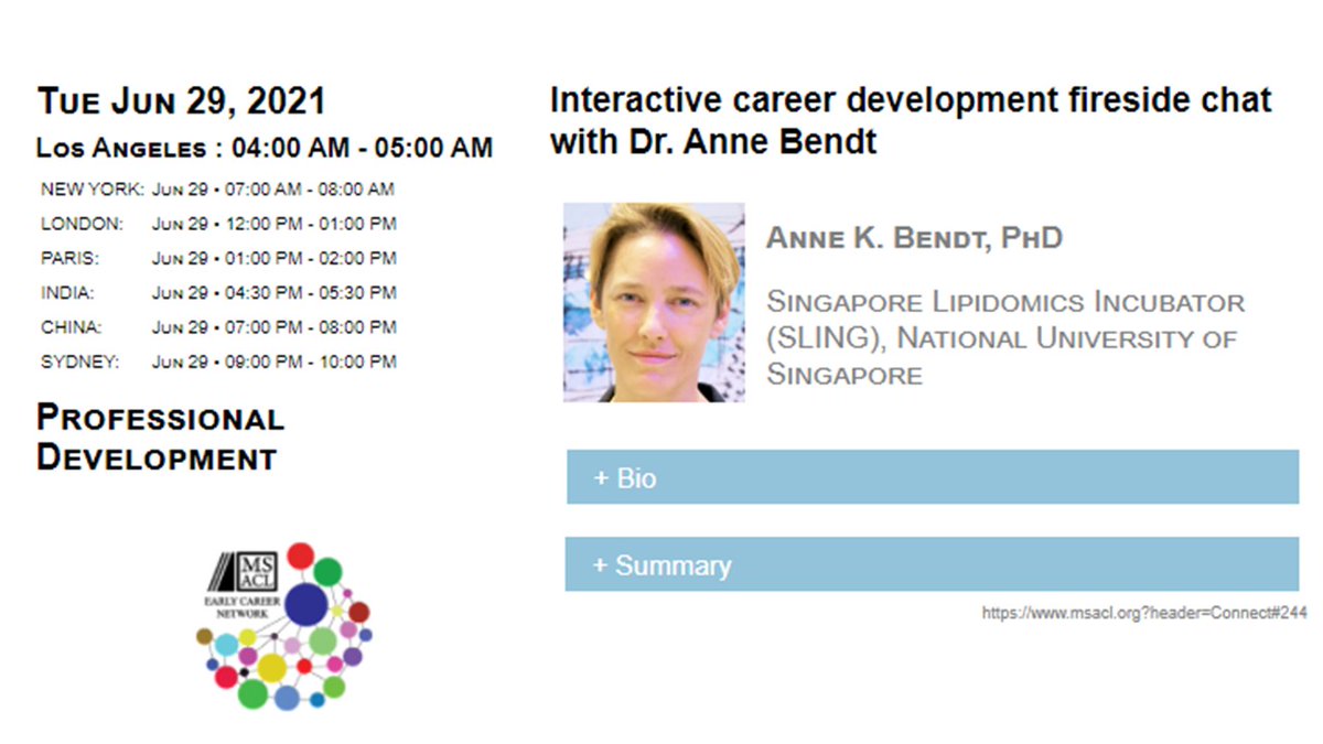 Join us <a href="/MSACL/">MSACL</a> for our Fireside chat with  Dr Anne Bendt of <a href="/SlingLipidomics/">SLING Singapore Lipidomics Incubator</a>  on #Academia #Leadership #publishing on June 29,2021, 7PM SGT, 9PM AEST, 1PM GMT. Register now @ msacl-org.zoom.us/meeting/regist…