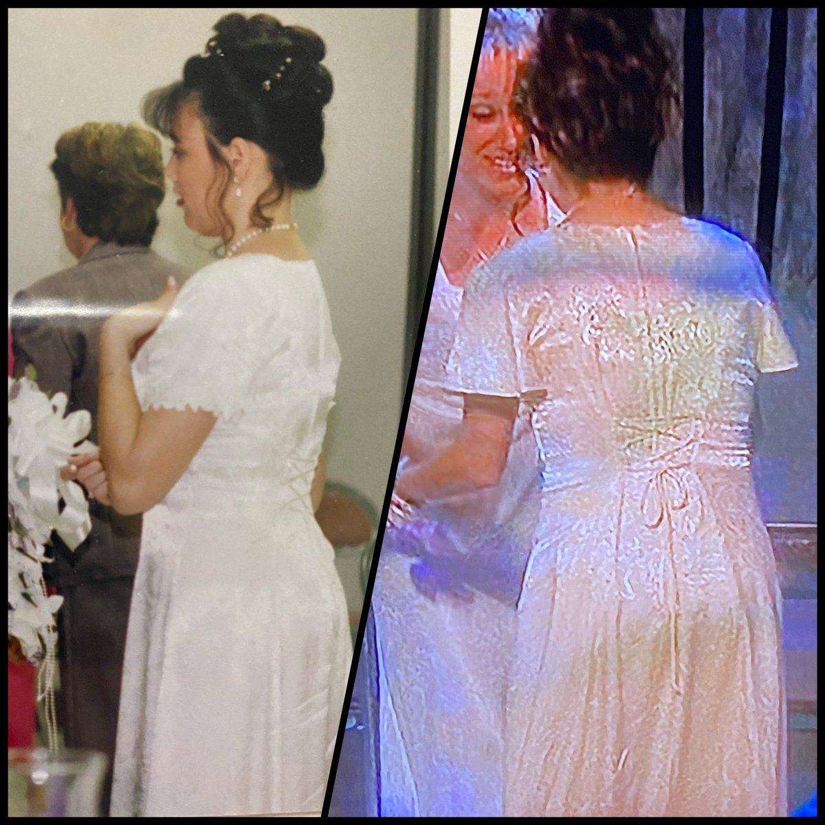 KellyHamel5's tweet photo. #napoleondynamite Who wore it best? Me at my wedding in 1998 or Trisha? 😂 Same hair. Same dress! @jonheder https://t.co/MxYIyOg0xF