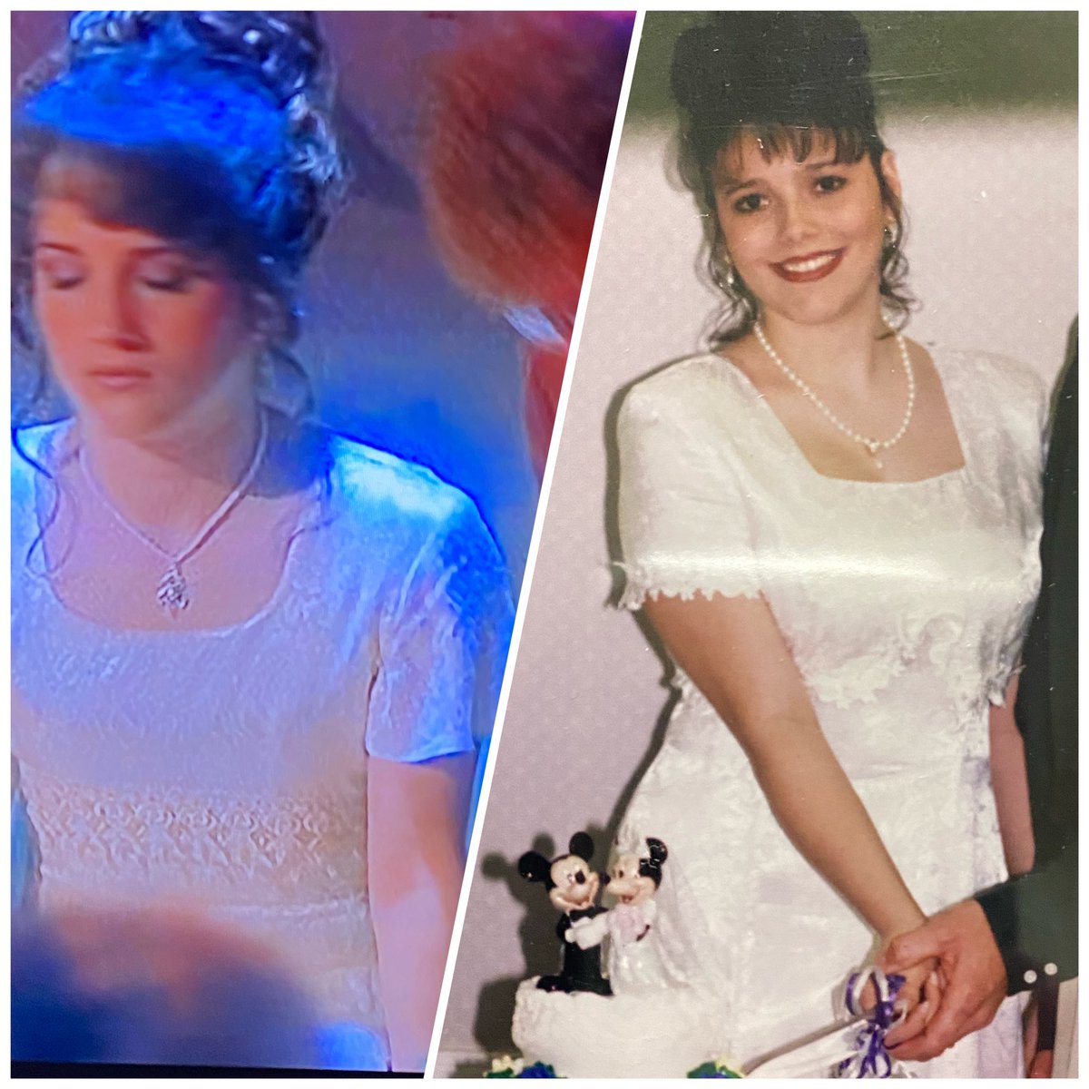 KellyHamel5's tweet photo. #napoleondynamite Who wore it best? Me at my wedding in 1998 or Trisha? 😂 Same hair. Same dress! @jonheder https://t.co/MxYIyOg0xF