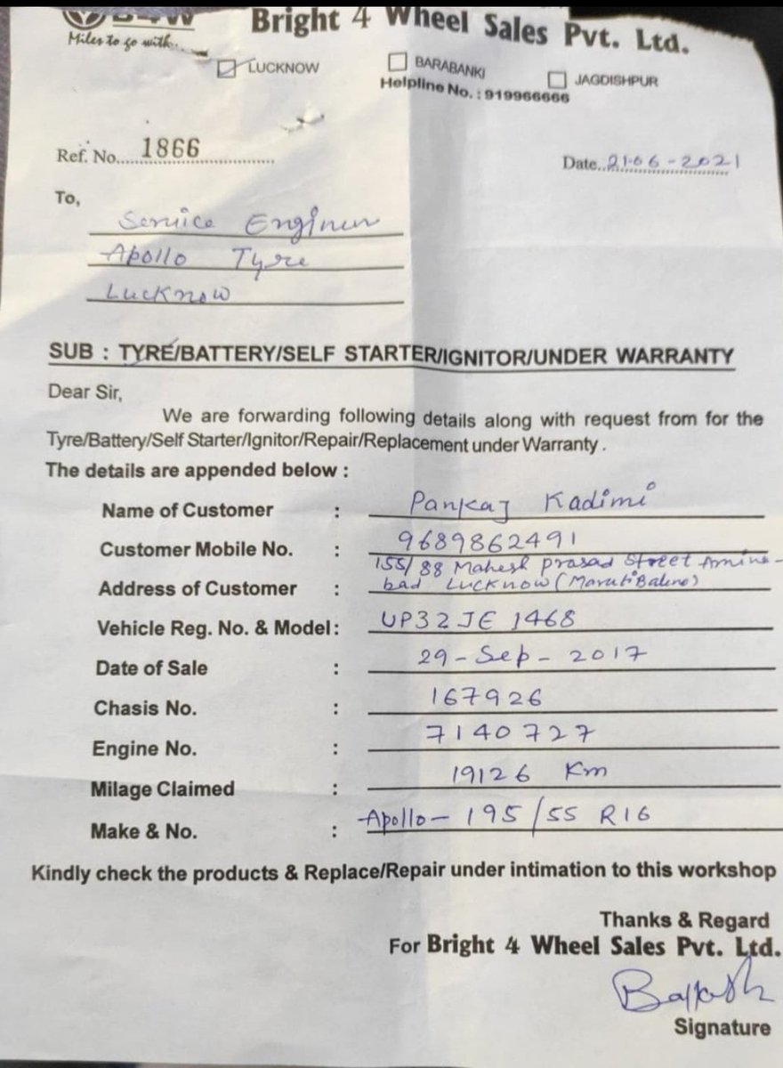 pankaj_kadimi's tweet photo. @iamneerajkanwar @dahiyaarrajesh @SatishS99907373 #Apollotyre I also claimed my factory fitted apollo tyre but my claim rejected by service eng. But I am not satisfied from his reply so plz check all attachment &amp; reply for my trust on company for future. https://t.co/6PMjvWoVcG