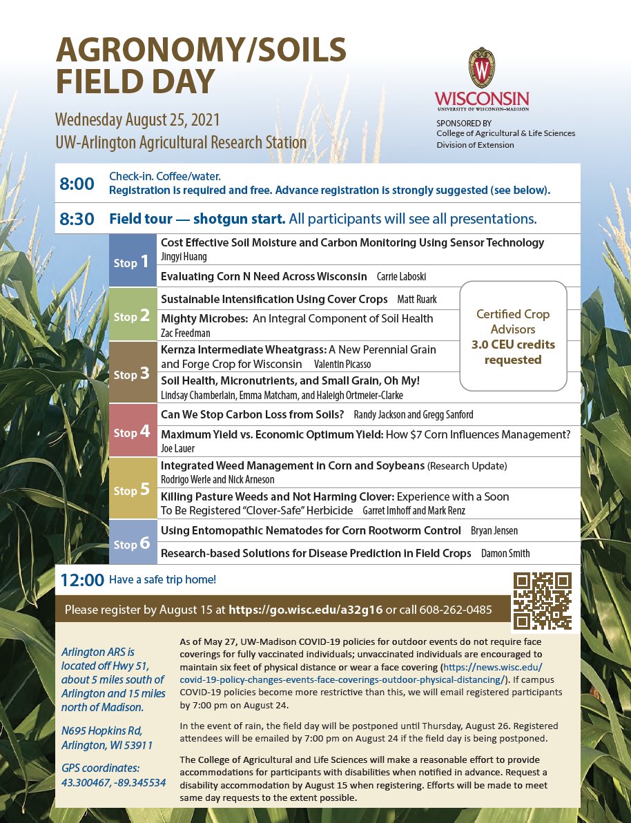 Your favorite field day is back! Come join me at the UW Agronomy/Soils Field Day at Arlington on 8/25. <a href="/WiscWeeds/">Rodrigo Werle</a> <a href="/WiscCorn/">Corn Agronomy</a> <a href="/BadgerBean/">Shawn Conley</a> <a href="/BadgerCropDoc/">Damon L. Smith</a> <a href="/RuarkLab/">Matt Ruark</a> <a href="/ZacFreedman/">Zac Freedman</a> <a href="/JingyiHuang101/">Jingyi Huang</a> <a href="/ValentinPicasso/">Valentin Picasso</a> <a href="/JacksonRD/">jackson dossett</a> <a href="/hortmeierclarke/">Hemp Haleigh, PhD</a>
