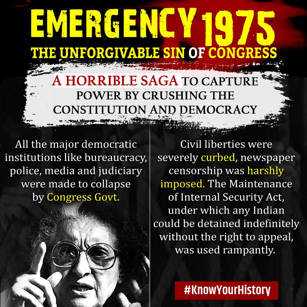 NBirenSingh's tweet photo. On this day in 1975, the declaration of Emergency by Congress to fulfil its own political interests was the biggest assault on India's democracy. We will never forget those dark days of dictatorship. Salute to the satyagrahis who resisted the emergency despite fierce torture. https://t.co/pNO2HKHrdr