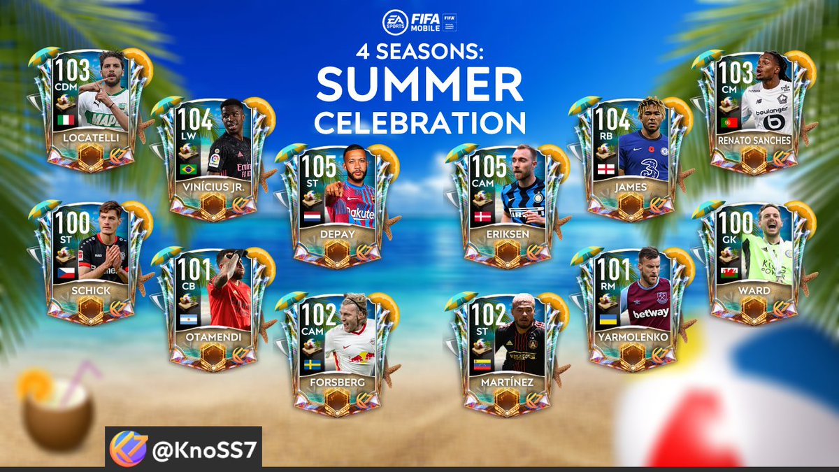The Season we were all waiting for is finally here! 🙌
4 Seasons: Summer Celebration is coming soon to #FIFAMobile! 🏖️

Stay hydrated, go swim but don't forget your sunglasses and your sunscreen! 😎🌞

#FIFAMobile21 #FIFA #FIFA21 #FUT #FUT21 #SummerCelebration #FM21 #FUTMobile