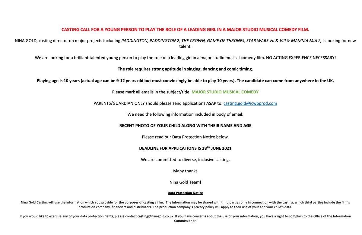 ✨ CASTING CALL! ✨We are going again on searching for a BRILLIANT young talent for a MAJOR STUDIO MUSICAL COMEDY film. Please see flyer below for all the information!
If you have already auditioned please do not re-submit your application. Thank you.
