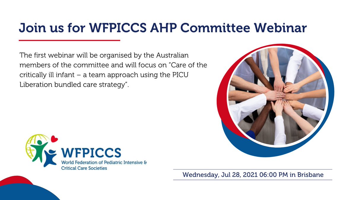 🙌Join us for #WFPICCS AHP Committee Webinar “Care of the critically ill infant – a team approach using the #PICU Liberation bundled care strategy” 

⏰July 28th at 6 pm (GMT+10)

Link to register: bit.ly/3wXlqlM

<a href="/alifergly/">Ali Ferguson PICU PT</a> @SarahWright1970 <a href="/brendam1611/">Brenda Morrow</a> <a href="/deblong_picu/">Debbie Long</a>