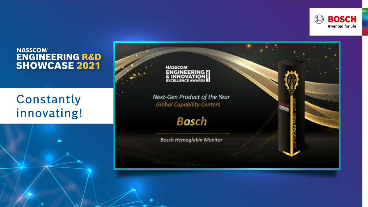 BoschSoftware's tweet photo. RBEI wins two awards at the NASSCOM Engineering &amp; Innovation Excellence Awards 2021. Bosch Hemoglobin Monitor picked up the Next-Gen product of the year 2021 award and Phantom bagged the award for Engineered-in-India product of the year. Congratulations Boschlers! #fitforfuture https://t.co/H8ESWH2A1U