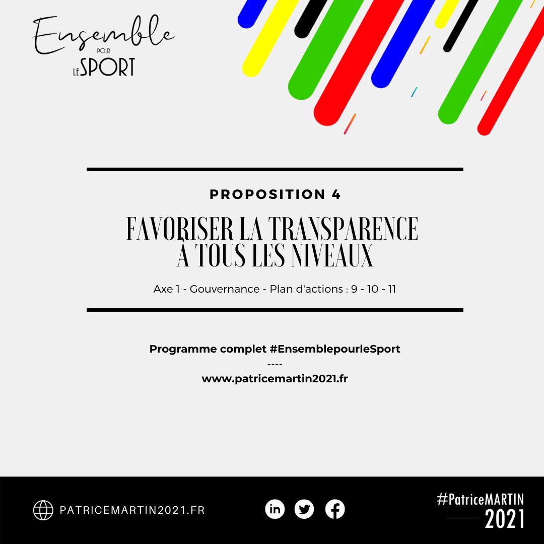 patricemartin12's tweet photo. #ElectionCNOSF J-4
#P4 - Favoriser la transparence à tous les niveaux
>>> Plus sur https://t.co/PAzKc2d145
#Axe1 #Gouvernance
#1Vision #1Cap #1PlandActions
#EnsemblepourleSport
#PatriceMARTIN2021
#PreparonslAvenirduSportFrancais https://t.co/mJ71H6hraw