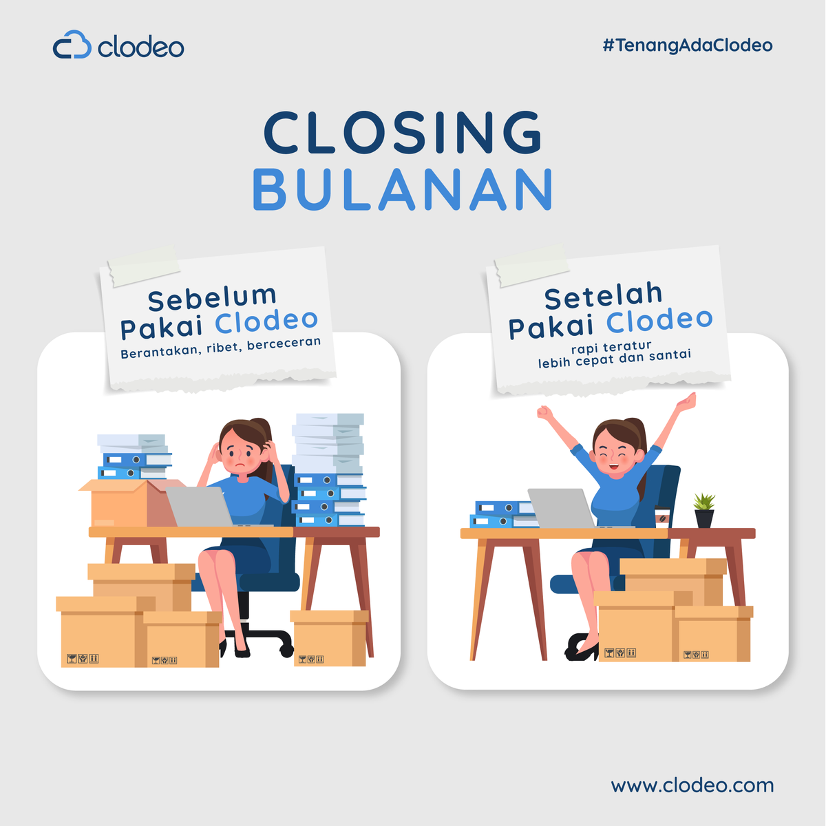 clodeo_id's tweet photo. Kebayang banget ribetnya closing bulanan masih manual. Belum susah nyusun datanya, belum lagi berceceran, nggak kuat bayanginnya! 😖 

Nggak usah ribet-ribet closing manual yaa, #tenangadaclodeo yang akan bantu bikin closing bulanan kamu jadi lebih praktis! https://t.co/2fiKIx7dGb