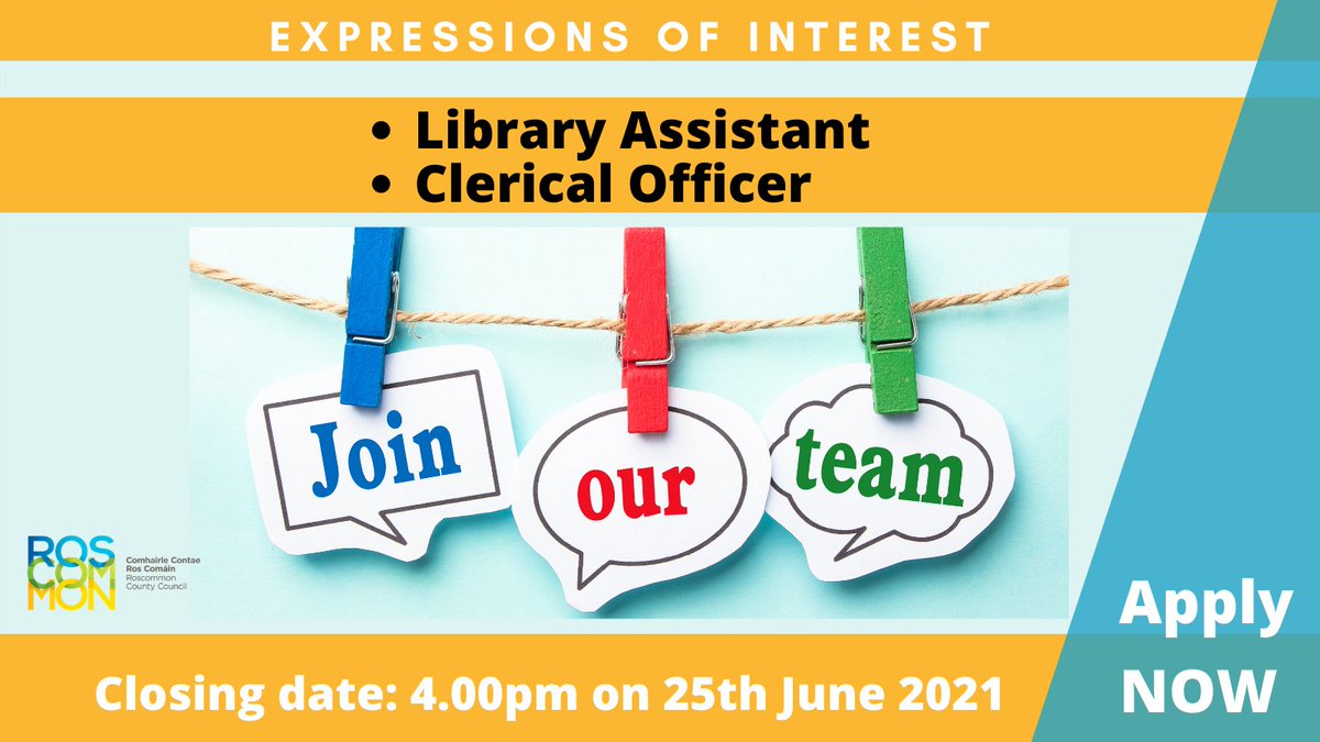 roscommoncoco's tweet photo. 📣📣 CLOSING TODAY @ 4pm!!!
@roscommoncoco invites Expressions of Interest from suitably qualified persons for the positions of:
✔️LIBRARY ASSISTANT
✔️CLERICAL OFFICER
Details at: ⏩https://t.co/nA4JSJrxPA
#RoscommonJobs #Roscommon #Jobs #Clerical #Library https://t.co/12qTazT2Lc