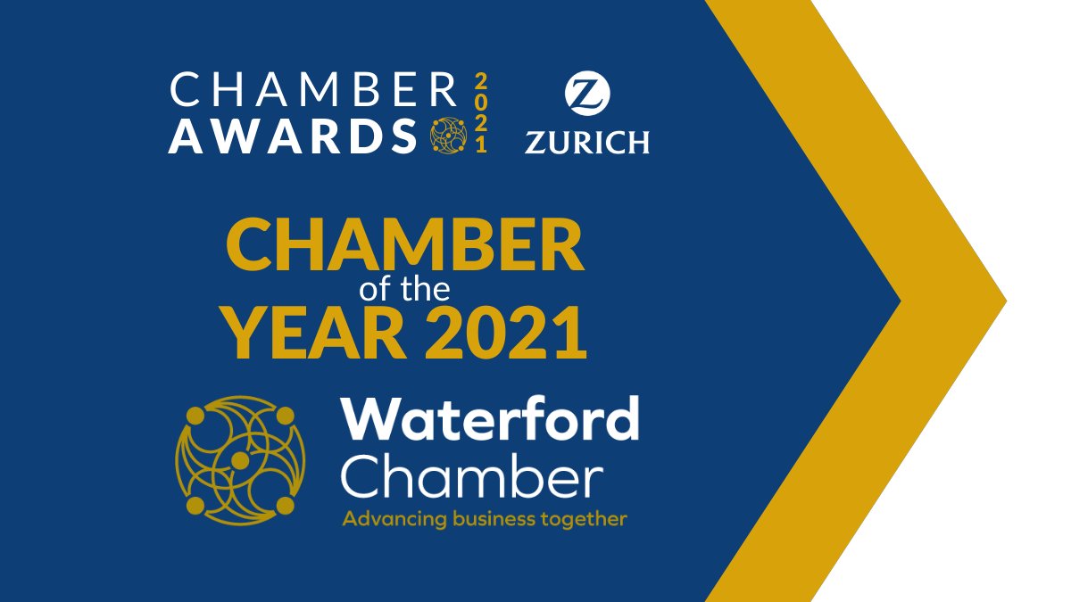 ChambersIreland's tweet photo. 🎉 CONGRATULATIONS 🎉

The big moment has arrived!

The #ChamberAwards2021 Chamber of the Year was extremely active in a highly challenging period. It was the winner of one award and was shortlisted for five more!

A huge amount of respect and our trophy goes to... @Waterfordcc! https://t.co/bImX0uqgSq