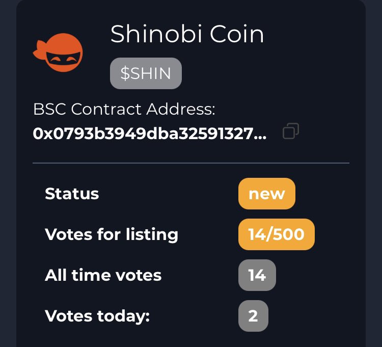 CoinShinobi's tweet photo. Don’t forget to vote for $shin on @coinsniper_net and help us to make Ninjas great again ! 

https://t.co/ry7Lh05CZX

You can vote once a day ! https://t.co/5HdoiCXUgl
