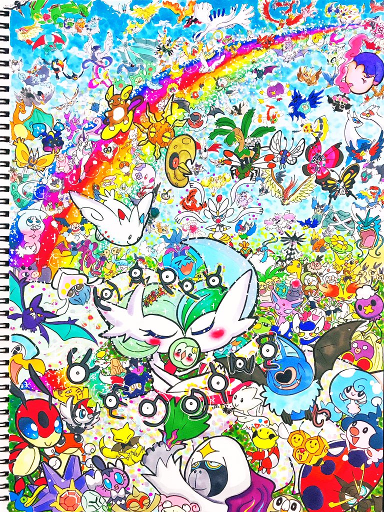 むぎしゃむ ご飯と趣味と日常 ポケモン全部描くチャレンジ 第５段目 ポケモンでジューンブライド 完成しました 今回は エスパータイプ ひこうタイプ そして複合タイプ ポケモンイラスト Illustration 梅雨のイラスト 虹色イラスト イラスト好きな