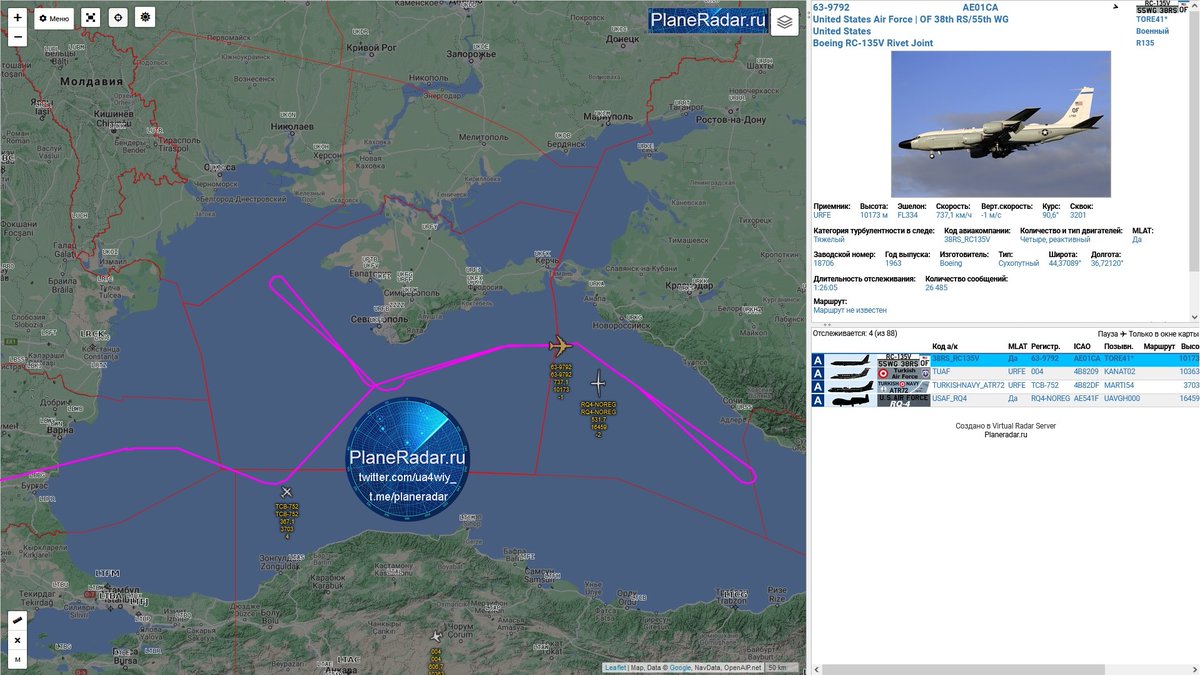 ua4wiy_'s tweet photo. 11:45 мск.
Самолёт радиоэлектронной разведки, ВВС США🏳️🌈🇺🇸 | OF 38th RS/55th WG, #Boeing RC-135V #Rivet #Joint, бортовой номер 63-9792, позывной #TORE41, взлетевший с авиабазы Суда, о. Крит🇬🇷, выполняет разведывательный полёт вдоль черноморского побережья России🇷🇺.
#USAF #RC135 https://t.co/LZVQm1Rai5