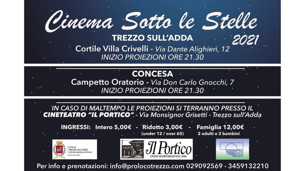 TrezzosullAdda's tweet photo. Anche quest'anno a Trezzo sull'Adda e Concesa si terrà la rassegna cinematografica Cinema sotto le Stelle 2021.
Programma al link: https://t.co/tfFFhNOaiB https://t.co/XPDMlgLyjt