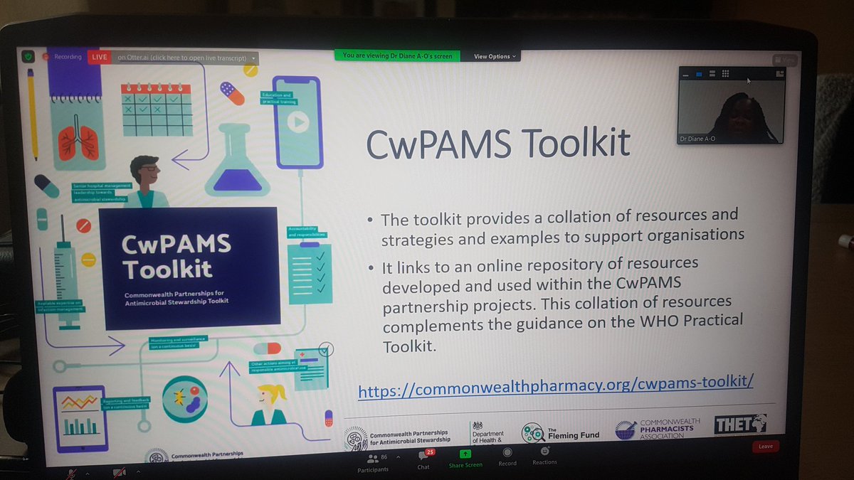 CW_Pharmacists's tweet photo. @DrDianeAshiru takes us through the exciting innovative tools and programmes which have been made available through #CwPAMS including an online #AntimicrobialStewardship toolkit, microguide app, online CPD training platform and more in development! https://t.co/kNg5ewkell